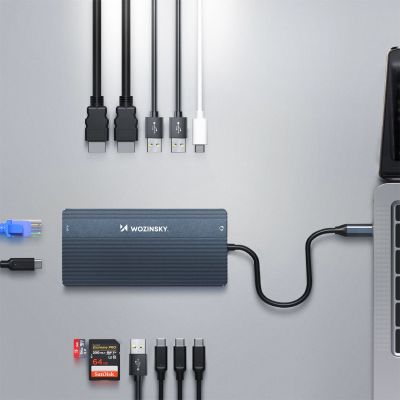 5. USB-C Hub 14 in 1 Wozinsky WDS03Y5S Multifunktional, Aluminium, für 3 Monitore, mit 15 cm Kabel - Grau