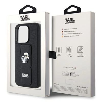9. Karl Lagerfeld Gripstand Saffiano Karl&Choupette Pins Hülle für iPhone 14 Pro – Schwarz