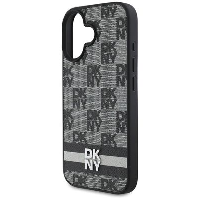 6. DKNY iPhone 16 Hülle mit Karomuster und bedruckten Streifen – Schwarz
