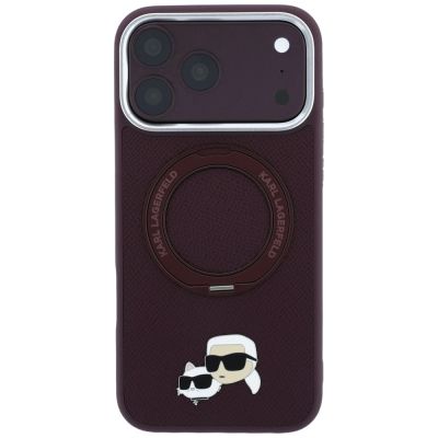 3. Karl Lagerfeld mit Ring Stand 360 Karl & Choupette Köpfe Pin MagSafe Hülle für iPhone 18 Pro / 17 Pro - bordeauxrot