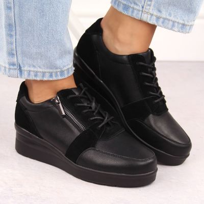 7. Sergio Leone PB236-S Damen-Sneaker aus schwarzem Leder mit Keilabsatz