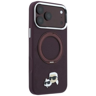 4. Karl Lagerfeld mit Ring Stand 360 Karl & Choupette Köpfe Pin MagSafe Hülle für iPhone 18 Pro / 17 Pro - bordeauxrot