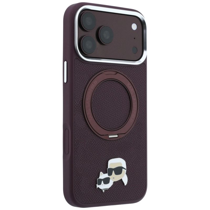 4. Karl Lagerfeld mit Ring Stand 360 Karl & Choupette Köpfe Pin MagSafe Hülle für iPhone 18 Pro / 17 Pro - bordeauxrot