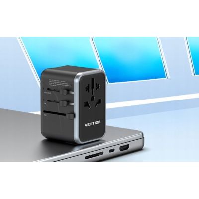 12. Vention 65W GaN Universal-Reiseadapter mit Ladegerät, 2x USB-A, 2x USB-C, Schwarz