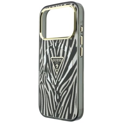 6. Guess IML Zebra Glitter Triangle Logo MagSafe Hülle für iPhone 18 Pro / 17 Pro - Silber