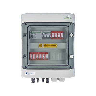 Hermetische DC/AC-Anschlussschaltanlage IP65 mit EMITER-Anschluss, ausgestattet mit Dehn 1000V DC-Überspannungsableiter Typ 2, 2 x PV-String, 2 x MPPT // Dehn AC-Begrenzer Typ 2, 16A 3-F, RCD Typ A 40A/300mA