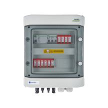 Hermetische DC/AC-Anschlussschaltanlage IP65 mit EMITER-Anschluss, ausgestattet mit Dehn 1000V DC-Überspannungsableiter Typ 2, 2 x PV-String, 2 x MPPT // Dehn AC-Begrenzer Typ 2, 16A 3-F, RCD Typ A 40A/300mA