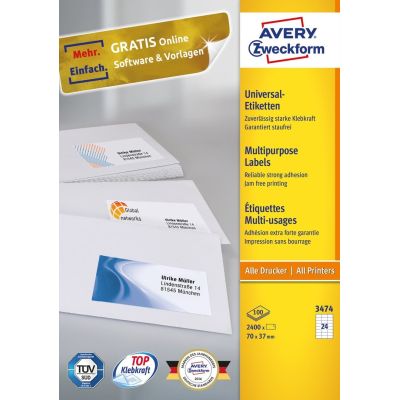 2. Avery 3474 Selbstklebende Etiketten Rechteckig Permanent Weiß 2400 Stück.