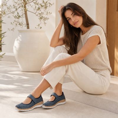 6. Rieker N4299-14 Damen-Schuhe mit Klettverschluss, luftiges Muster, blau