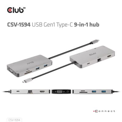 11. CLUB3D CSV-1594 USB 3.2 Gen 1 (3.1 Gen 1) Typ-C Dockingstation, Schwarz, Grau