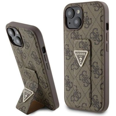 Guess Grip Stand 4G Triangle Strass Hülle für iPhone 15 – braun