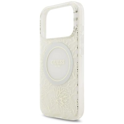 6. Guess IML Blumenmuster, galvanisiert, mit Perlmuttriemen und MagSafe-Hülle für iPhone 18 Pro / 17 Pro – Weiß