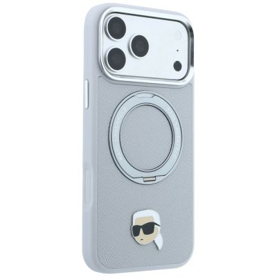 4. Karl Lagerfeld mit Ringständer 360°-Karl-Kopf-Pin MagSafe-Hülle für iPhone 18 Pro Max / 17 Pro Max – Grau