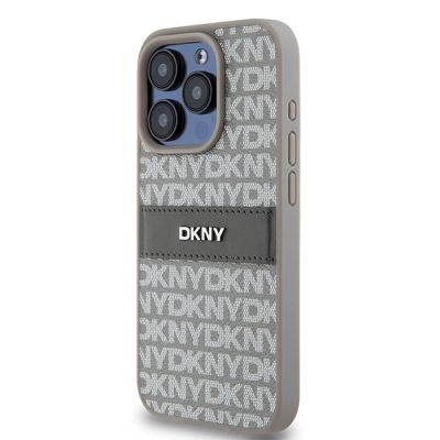 2. DKNY Lederhülle mit Monostreifen und Metalllogo für iPhone 15 Pro Max – Beige
