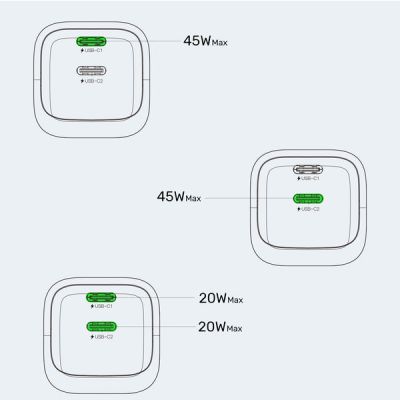 23. UNITEK 2x GAN 45W Ladegerät, 2x USB-C PD 3.0, QC, Schwarz