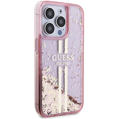 4. Guess Liquid Glitter Gold Stripes Hülle für iPhone 15 Pro – Rosa