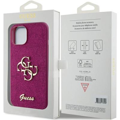 8. Guess Glitter Script Big 4G Hülle für iPhone 15 – Lila