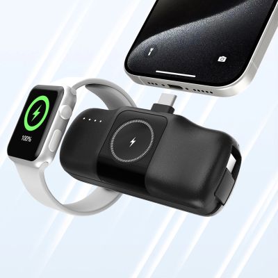 12. Wozinsky WF16-YCS 5000 mAh 15 W USB-C Mini-Powerbank mit integriertem USB-C-Kabel und Apple Watch Ladegerät – Schwarz
