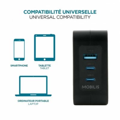 4. Mobilis Ladegerät 100W 2USB C 1USB A GaN-Kabel 100W Laptop, Smartphone, Tablet Schwarz Wechselstrom intern