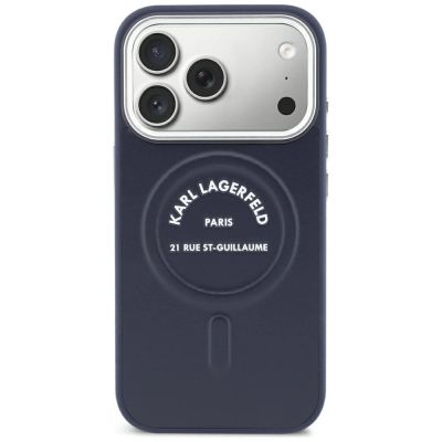 3. Karl Lagerfeld MagSafe Hülle mit geprägtem offenem Ring und RSG-Logo für iPhone 18 Pro / 17 Pro – Blau