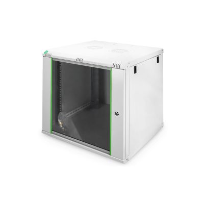10. Digitus DYNAmic 19" 12U 600x600 Wand-Netzwerkschrank, Glastür, grau, ungeteilt, montiert, 60 kg