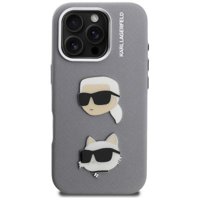 3. Karl Lagerfeld FW Grained Karl & Choupette Heads Pins Hülle für iPhone 16 Pro - Grau