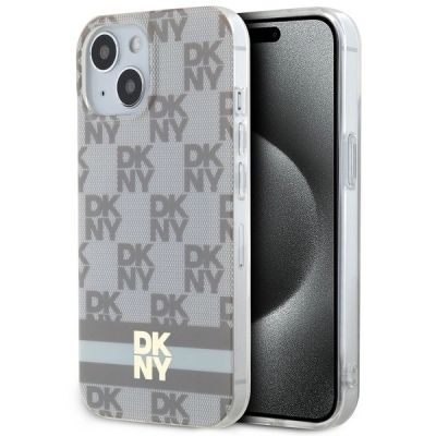 DKNY IML Checkered Mono Pattern & Printed Stripes MagSafe Hülle für iPhone 15 Plus / 14 Plus – Beige