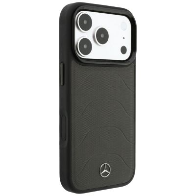 4. Mercedes Leder-Mesh-Hülle mit Bow Line MagSafe für iPhone 18 Pro Max / 17 Pro Max – Dunkelgrau