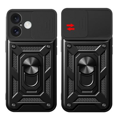 9. Hybrid Armor Camshield iPhone 16 Plus Panzerhülle mit Kameraabdeckung und Ständer – Schwarz