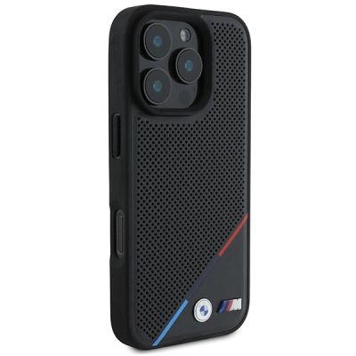 4. BMW M Perforierte Tricolor Line MagSafe Hülle für iPhone 16 Pro - Schwarz