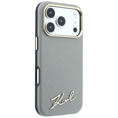 4. Karl Lagerfeld Saffiano MagSafe Hülle mit kleinem Schriftzug und Metalllogo für iPhone 18 Pro / 17 Pro – Beige