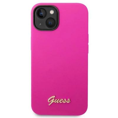 3. Guess Silikonhülle mit Vintage-Goldlogo für iPhone 14 / 15 Plus – Fuchsia