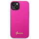 3. Guess Silikonhülle mit Vintage-Goldlogo für iPhone 14 / 15 Plus – Fuchsia