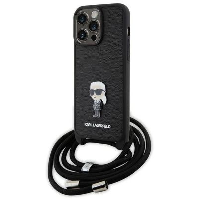 Karl Lagerfeld Umhängetasche mit Saffiano-Monogramm und Metallnadel, Karl & Choupette-Hülle für iPhone 15 Pro Max – Schwarz