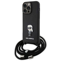 Karl Lagerfeld Umhängetasche mit Saffiano-Monogramm und Metallnadel, Karl & Choupette-Hülle für iPhone 15 Pro Max – Schwarz
