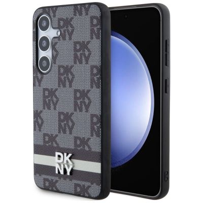 2. DKNY Lederhülle mit kariertem Monomuster und bedruckten Streifen für Samsung Galaxy S24+ – Schwarz