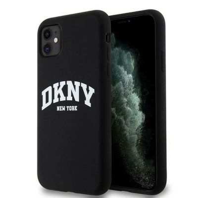 DKNY Liquid Silicone MagSafe Hülle für iPhone 11/Xr, Weiß, mit aufgedrucktem Logo, Schwarz