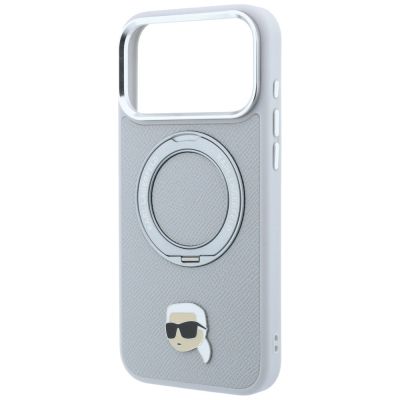 6. Karl Lagerfeld mit Ringständer 360°-Karl-Kopf-Pin MagSafe-Hülle für iPhone 18 Pro / 17 Pro – Grau