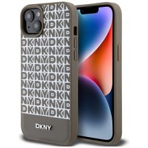 DKNY MagSafe-Hülle aus Leder mit bedrucktem Muster und Metalllogo für iPhone 15/14/13, Braun