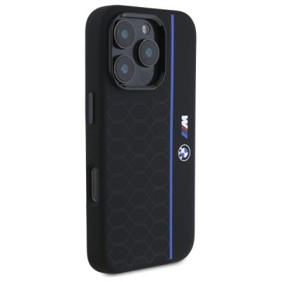 4. BMW Silikon-Hülle mit sechseckigem, blauem Streifen und MagSafe-Funktion für iPhone 16 Pro – Schwarz