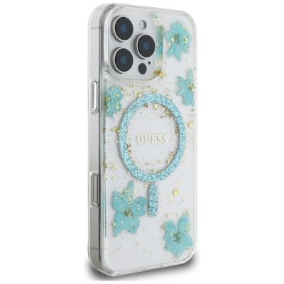 4. Guess Resin Flowers Glitter MagSafe iPhone 16 Pro Hülle - Transparent Grün