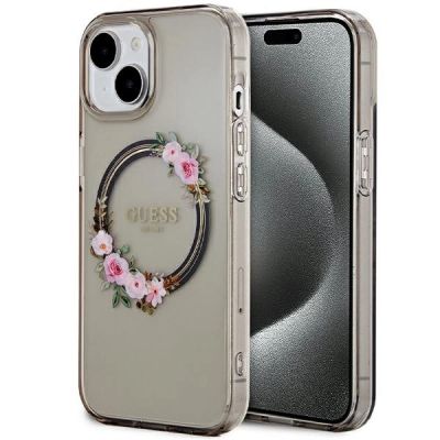 Guess IML Flowers Wreath MagSafe Hülle für iPhone 15 / 14 / 13 – Schwarz