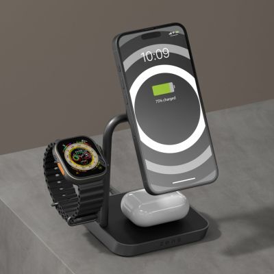 5. Zens Aluminium Serie 3-in-1 Magnetisches kabelloses Desktop-Ladegerät Pro 3+ mit Netzteil