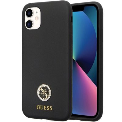 Guess GUHCN614DGPK Hülle für iPhone 11 / Xr - Schwarzes Silikon Logo Strass 4G
