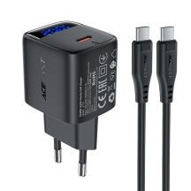 Acefast A113 GaN PD 20W USB-C Wandladegerät mit Display mit USB-C Kabel - Schwarz