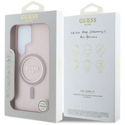 8. Guess Glitter Circle Classic Logo MagSafe Hülle für Samsung Galaxy S25 Ultra rosa