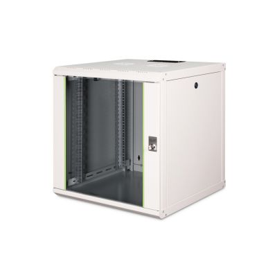 27. Einzigartiger 19-Zoll-12U-Wandnetzwerkschrank (600 x 600 mm), Glastür, grau, ungeteilt, montiert, 100 kg