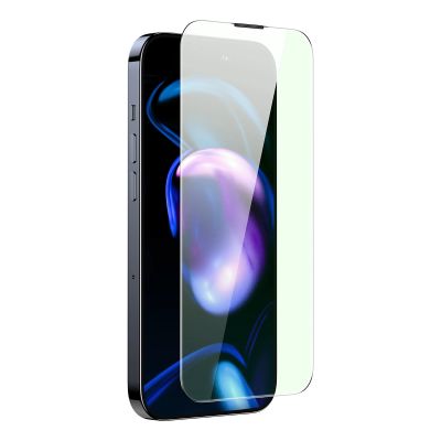 3. Baseus Vollbild-Hartglas für iPhone 14 Pro mit Anti-Blaulichtfilter und 0,3-mm-Lautsprecherabdeckung + Montagerahmen