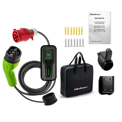 12. Qoltec 52467 Mobiles Ladegerät für Elektroautos (EV) mit 2-in-1-Anschluss Typ 2 | 11 kW | 3 Phasen | CEE 5-PIN | LCD | Tragbar | Wandsteckdose | 5 m