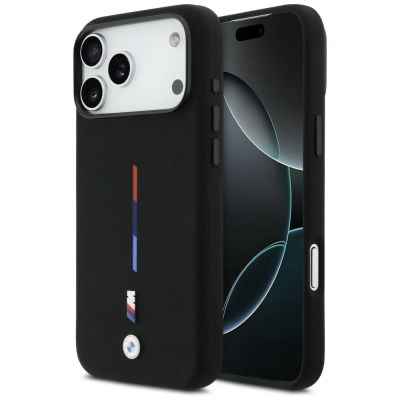 BMW M Silikon-MagSafe-Hülle mit dreifarbiger Linie für iPhone 17 Pro Max – Schwarz